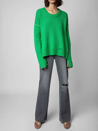 Hand-Woven Loose O-Neck Slit Hem Green Autumn Winter Christmas Sweater