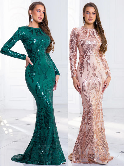 Green Stretch Sequin Long Sleeve Evening Night Prom Dress Bodycon Christmas Party Dress