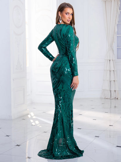 Green Stretch Sequin Long Sleeve Evening Night Prom Dress Bodycon Christmas Party Dress