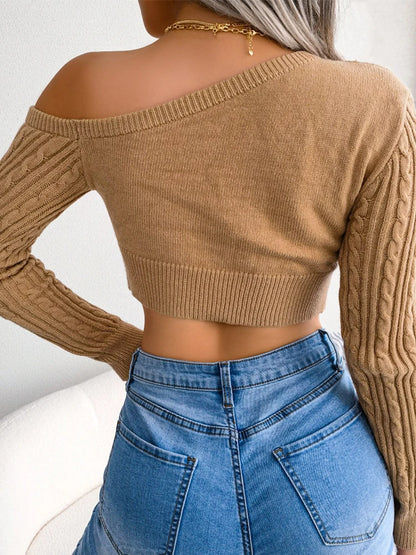 Cropped Off Shoulder Slim Solid Streetwear Green Christmas Sweater