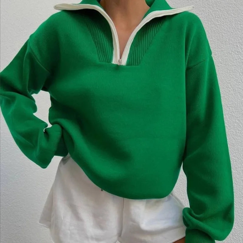 Thick Green TurtleNeck Polo Zipper Casual Loose Streetwear Christmas Sweater