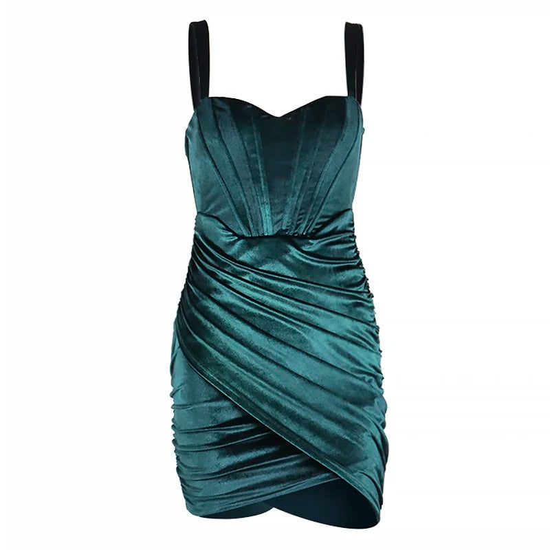 Green Velvet Corsets Party Mini Dress Elegant Spaghetti Strap Bodycon Christmas Party Dress