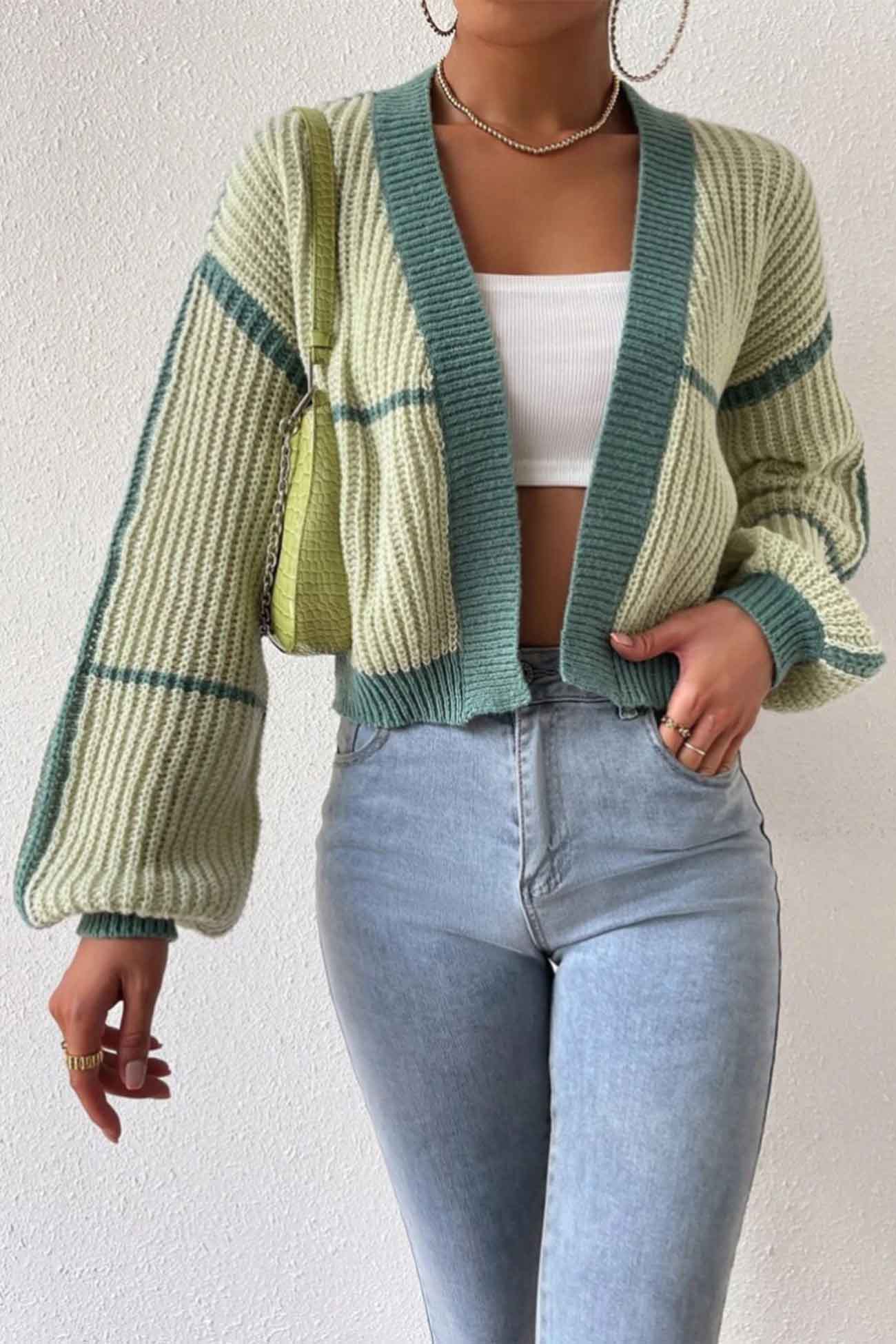 Patchwork Knit Long Sleeve Open-Front Cardigan