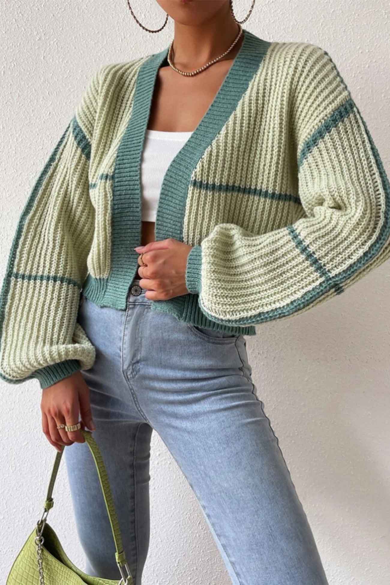 Patchwork Knit Long Sleeve Open-Front Cardigan