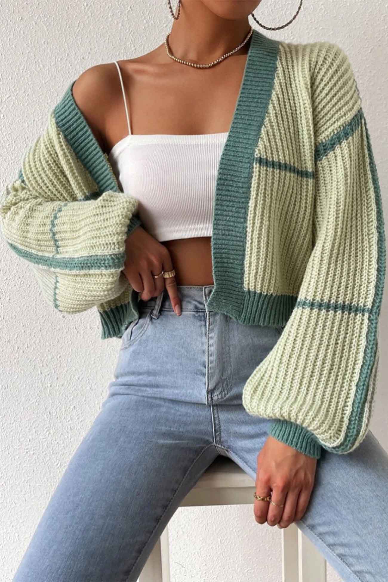 Patchwork Knit Long Sleeve Open-Front Cardigan