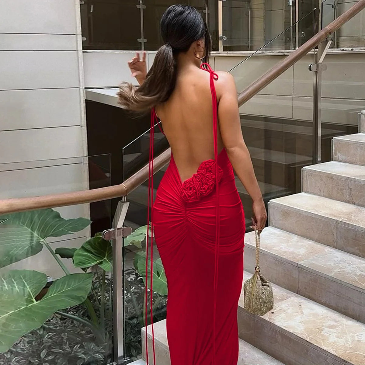 Sexy Floral-applique Backless Elegant Maxi Christmas Party Dress