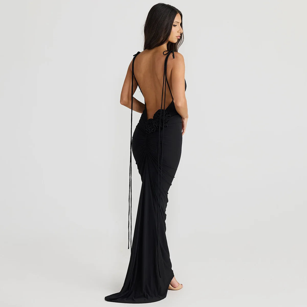 Sexy Floral-applique Backless Elegant Maxi Christmas Party Dress