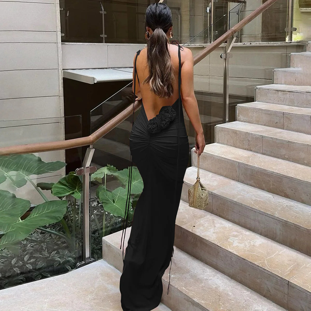 Sexy Floral-applique Backless Elegant Maxi Christmas Party Dress