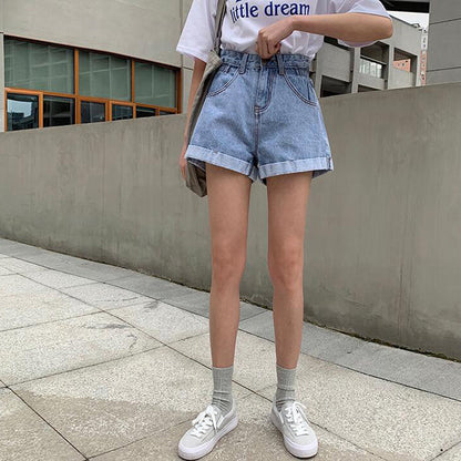 Brief Warm-Season Casual Waist Fashion Elastic Leg Women High Jeans Shorts Waist Denim Wide Loose Size Plus Female