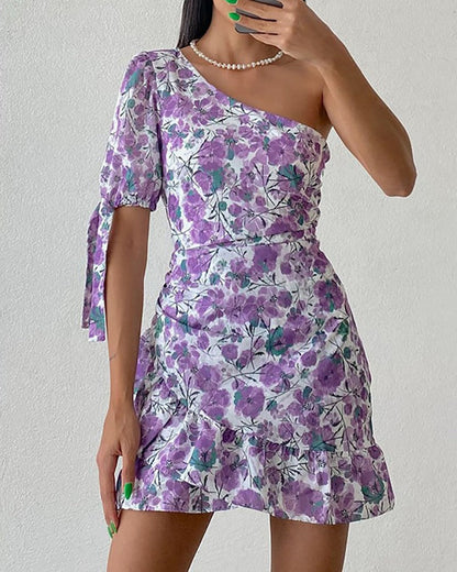 One Shoulder Floral Print Layered Ruffles Dress