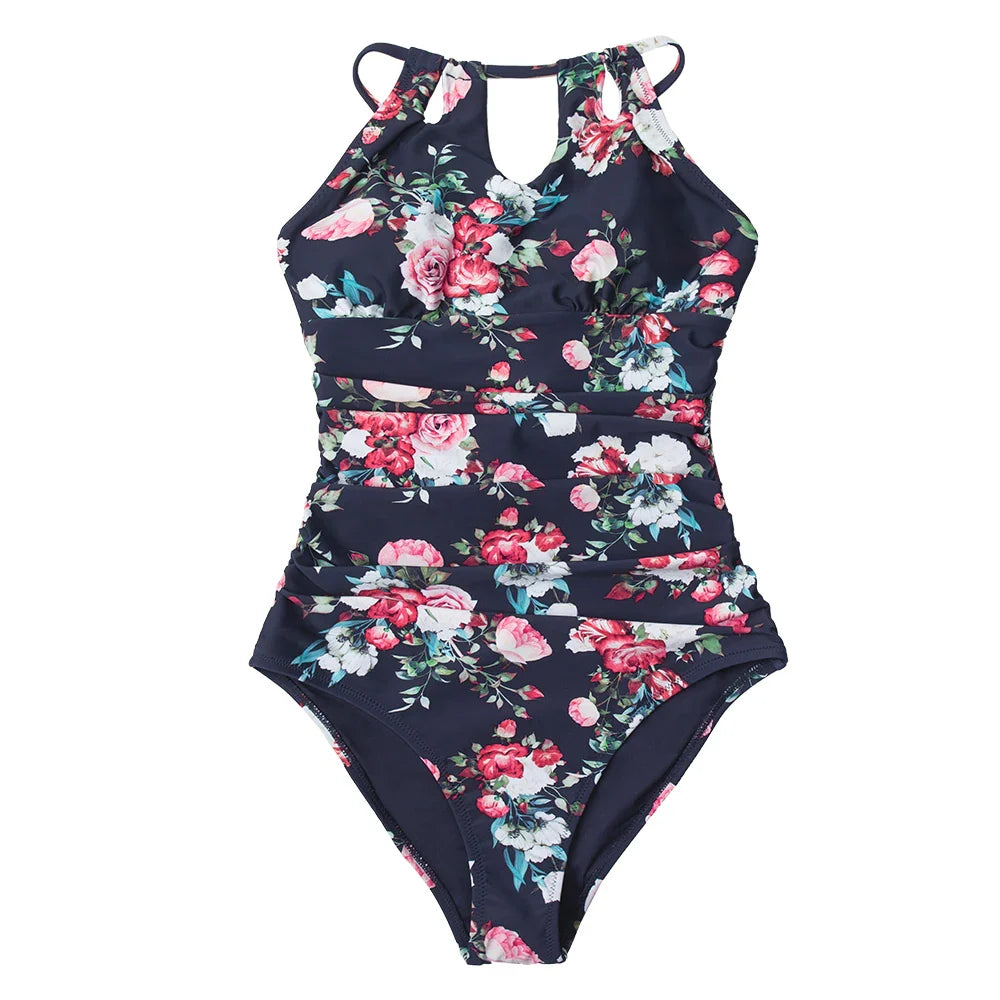 Floral Halter Cutout Lace Up One Piece Set black / XS