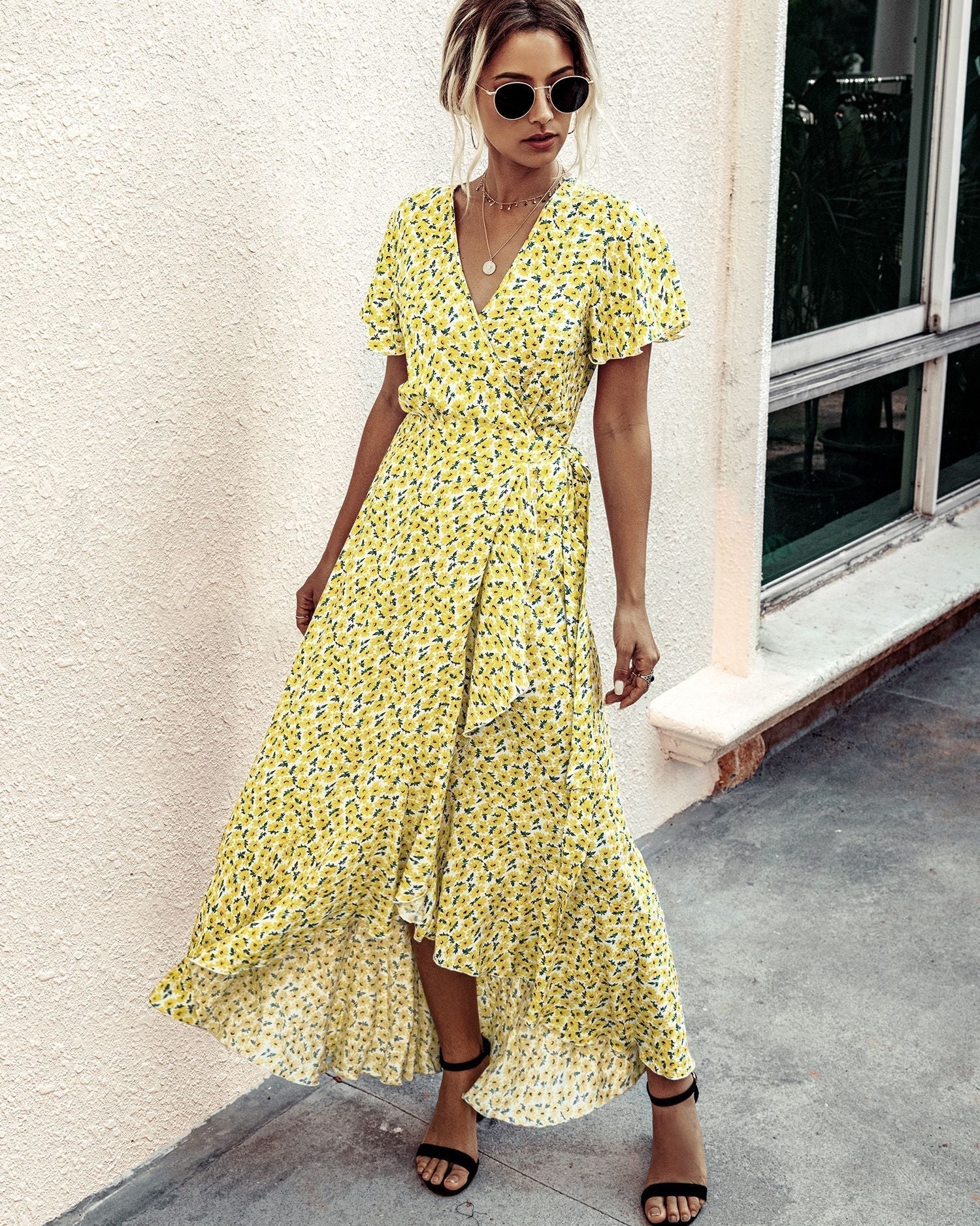 Pink Polka Dot V-Neck Ruffle Short-Sleeved Beach Vacation Summer Dress Dresses