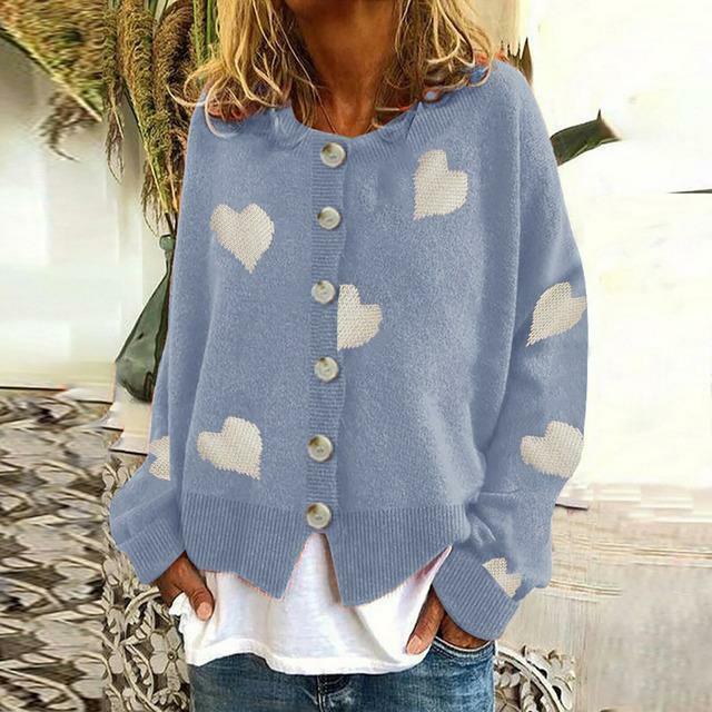 Heart Print Knitted Cardigan Sky Blue Best Sellings cardigan cardigans clothes Plus Size Sale tops Topseller