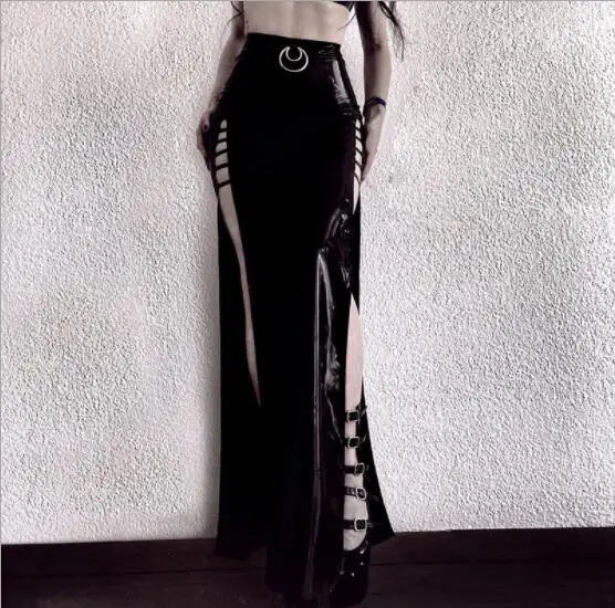 Imitation Leather Empty Out Skirt Black / S