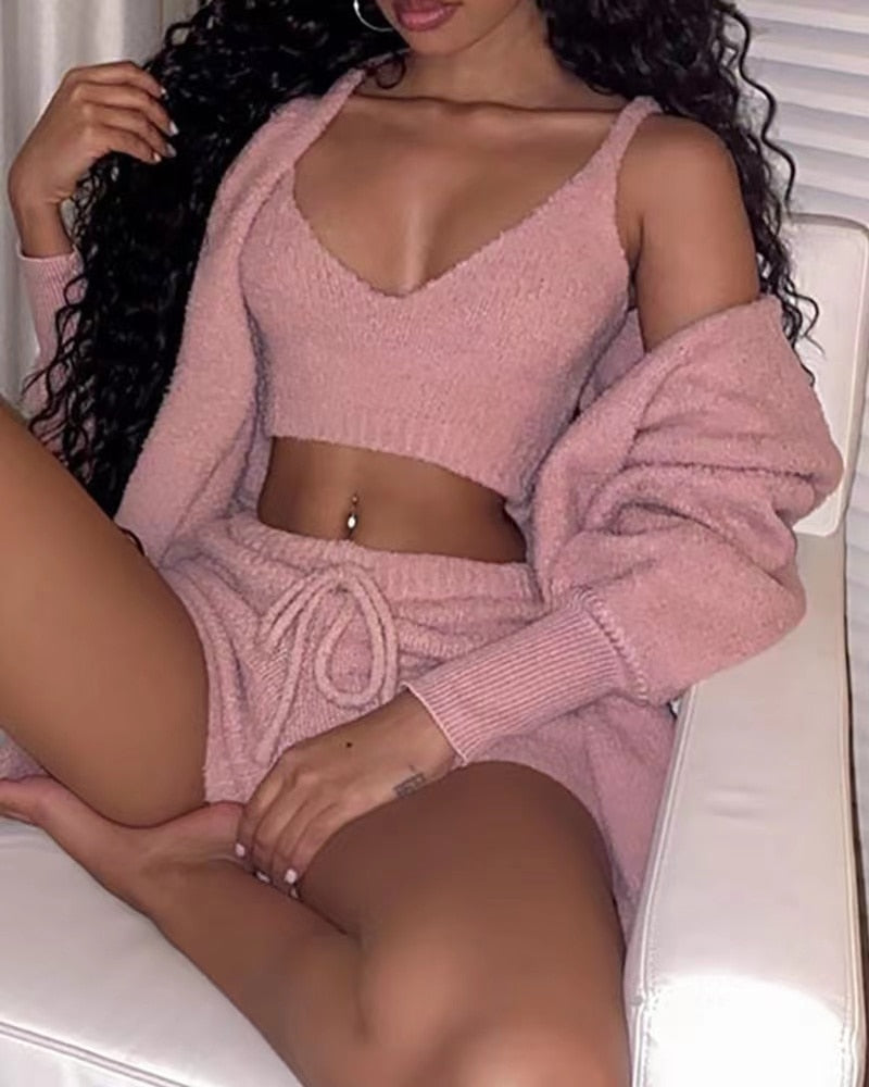 Sexy Fluffy Autumn Piece Sweatshirt Backless Plush Home Sports Women Pyjamas Wear Winter Fleece