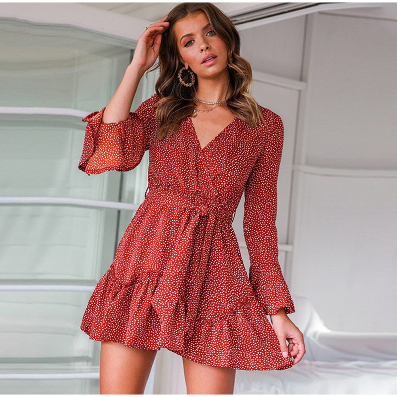 Floral Print V-Neck Belt Mini Dress with Ruffle Flared Long Sleeves