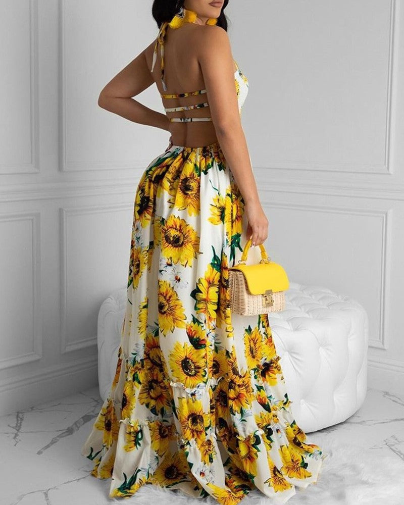 Open Back Print Bandage Maxi Dress