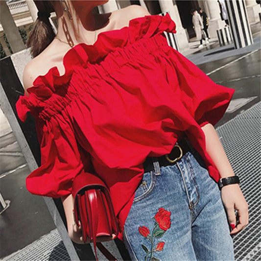 Youth Korean the Designer Fashion Blouses Blouse Arm Luxury Off Woman Puff shoulder Ruffles Tops Elegant New