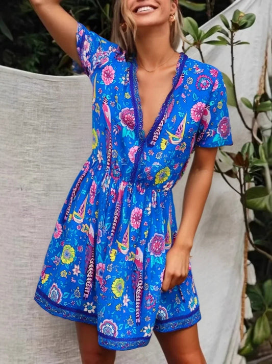 Peacock Floral Deep V-neck Boho Dress