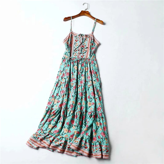 Floral Print Rayon Cotton Sleeveless Strap Summer Maxi Boho Dress