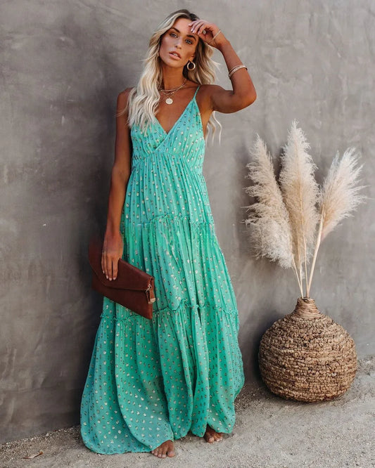 Sexy Split Big Hem Strapless Sleeveless Green Maxi Boho Dress