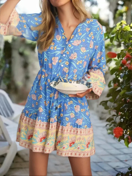 Blue Floral Print Flare Sleeve Boho Dress