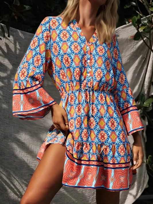 Geometry Print Boho Flare Sleeve Dress