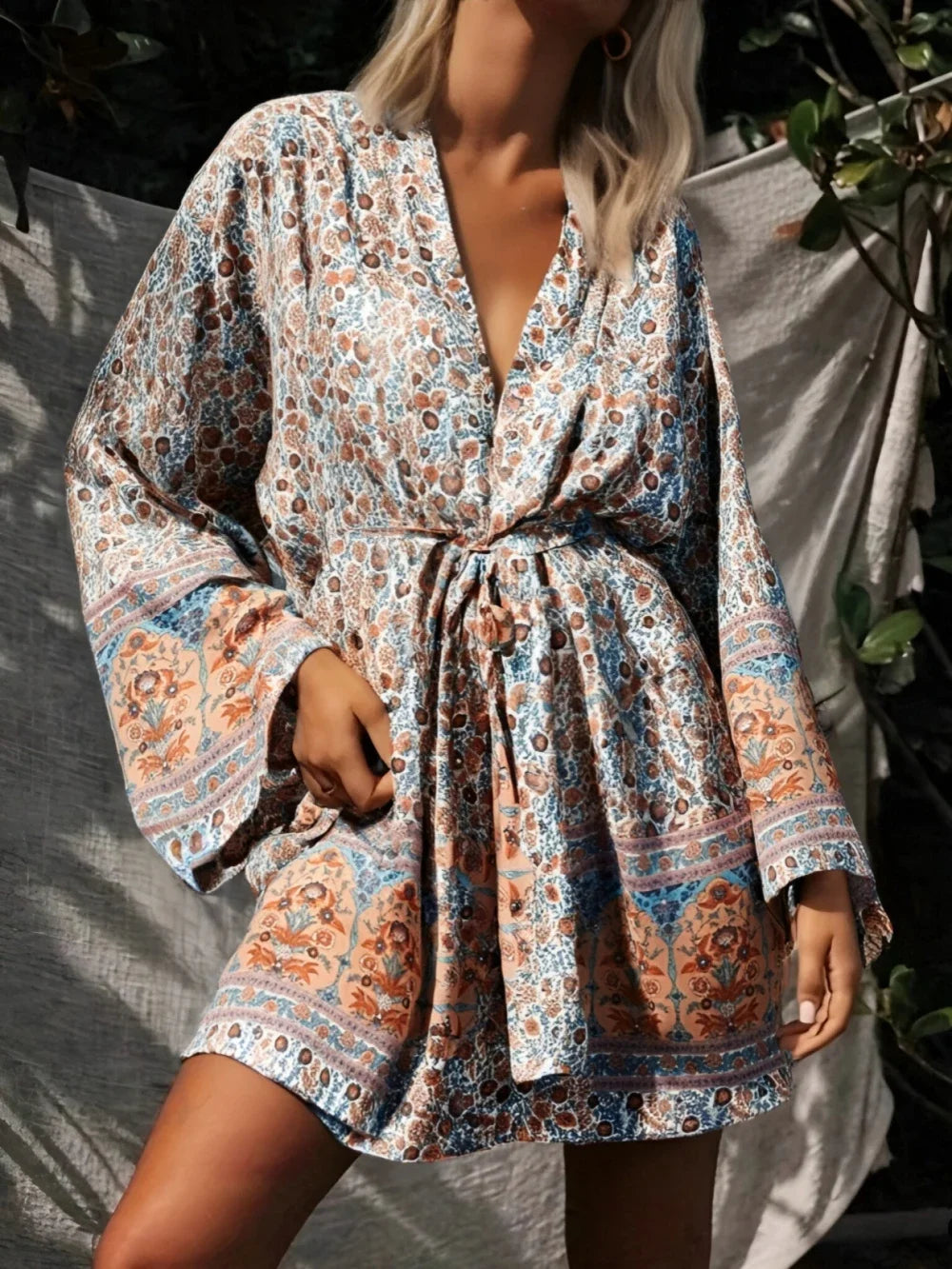 Floral Sashes Boho Kimono Bikini Cover-up Beige / S bohodress-250126