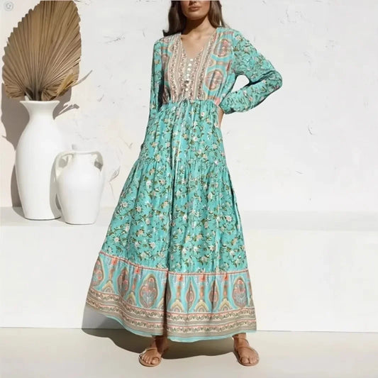 Lantern Sleeve Loose V-neck Green Floral Print Summer Maxi Boho Dress