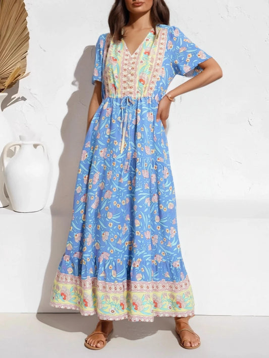 Blue Floral Ruffles Tassel Boho Dress