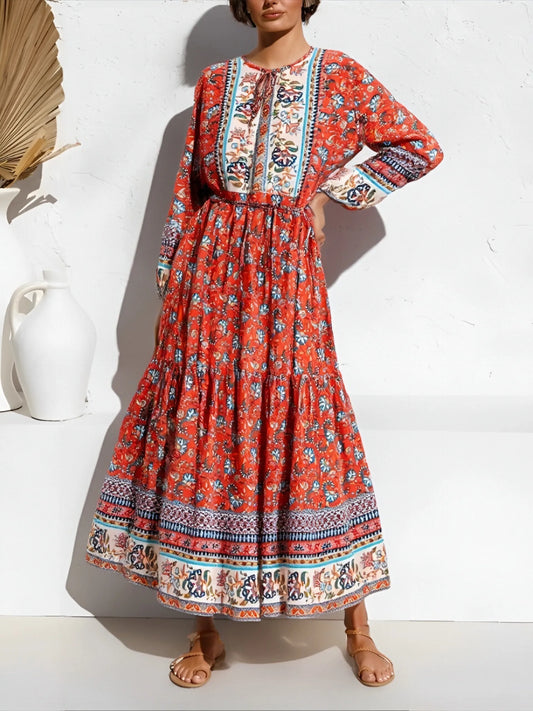 Elegant Lace-up Floral Print Boho Dress