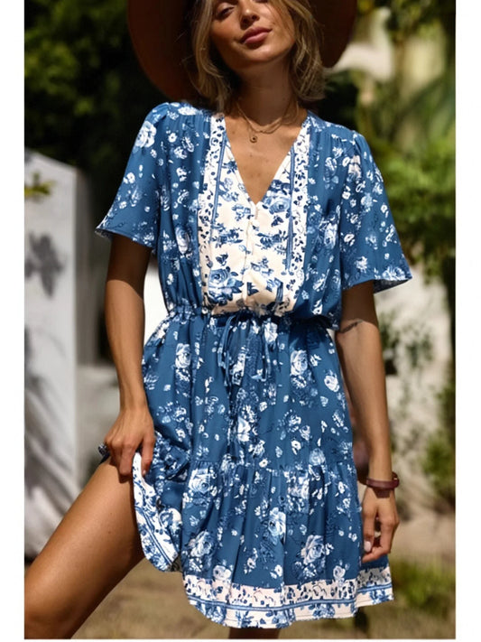 Floral Deep V-neck Tassel Short Sleeve Rayon Vacation Mini Boho Dress