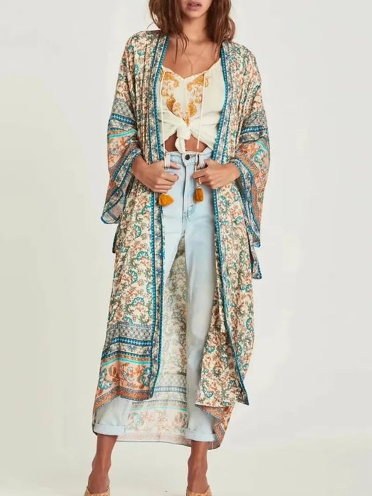 Floral Bat Sleeve Boho Kimono Dress