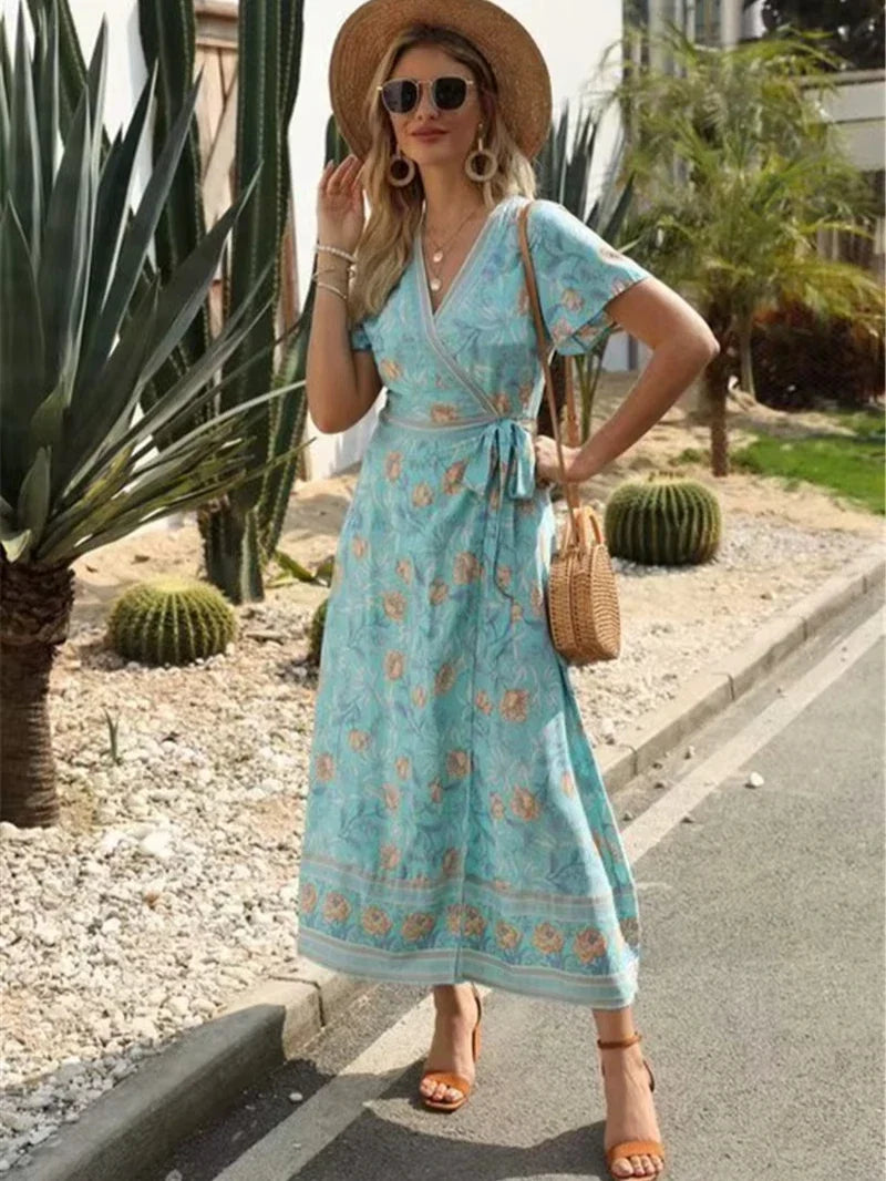 Cross V-neck Ruffles Boho Pleated Dress bohodress-250126