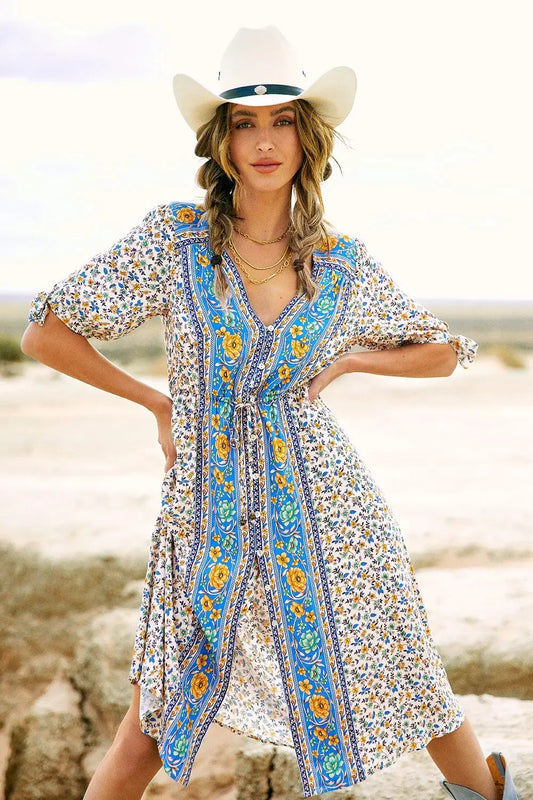 Floral Print Half Sleeve Loose Belt V-neck Vacation Midi Boho Dress