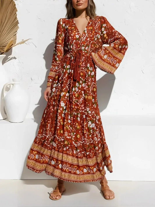 Floral Print Long Sleeve Tassel Deep V-neck Beach Boho Dress