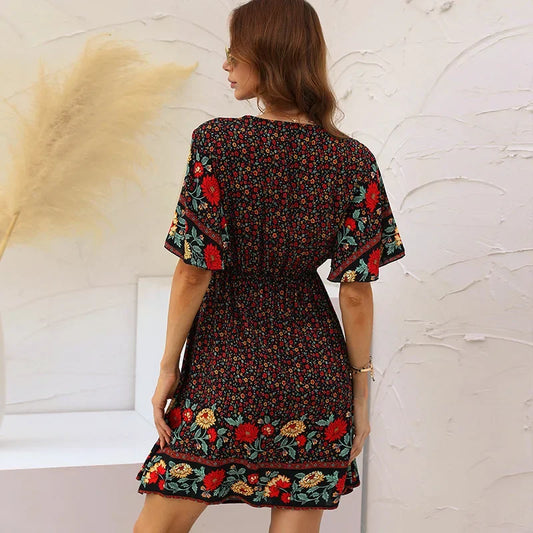 Floral Print Rayon Cotton Deep V-neck Hollow Out Mini Boho Dress bohodress-250126