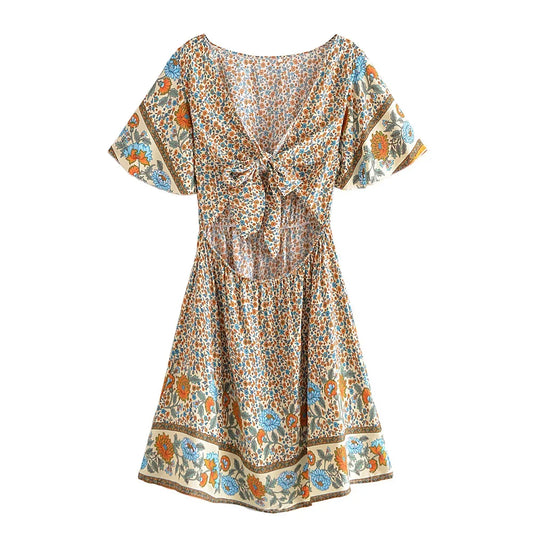 Floral Print Rayon Cotton Deep V-neck Hollow Out Mini Boho Dress