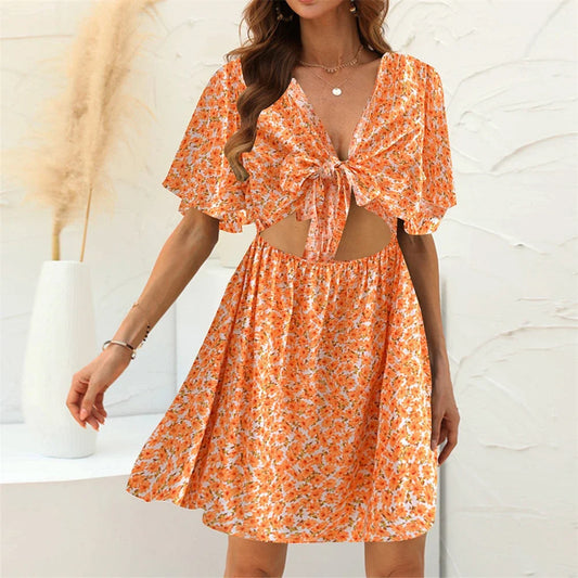 Floral Print Rayon Deep Bow Neck Short Sleeve Sexy Hollow Out Mini Boho Dress