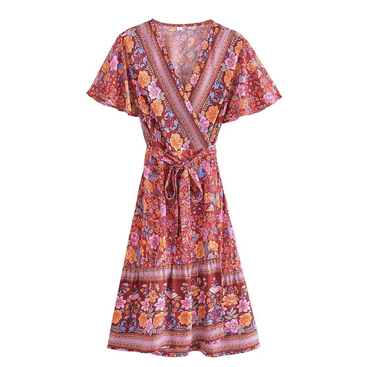 Floral Print Rayon Wrap Short Sleeve Sexy Vacation Mini Boho Dress