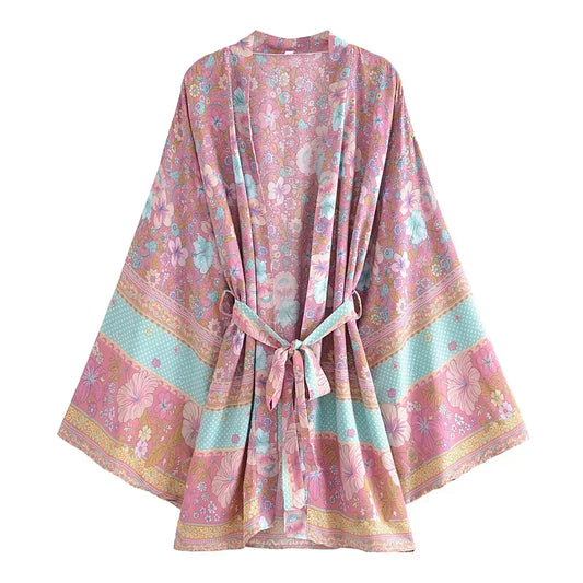 Floral Sashes Bat Sleeve Boho Kimono Dress