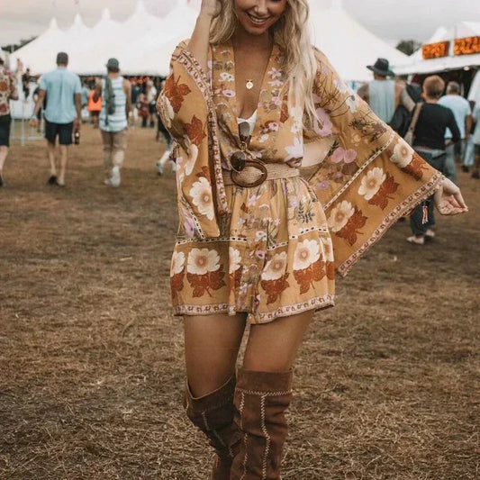 Floral Sashes Bat Sleeve Boho Kimono Dress