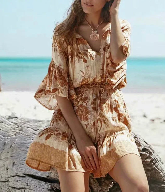 Floral Print Sashes Elastic Waist Flare Sleeve Mini Boho Dress Yellow / S bohodress-250126