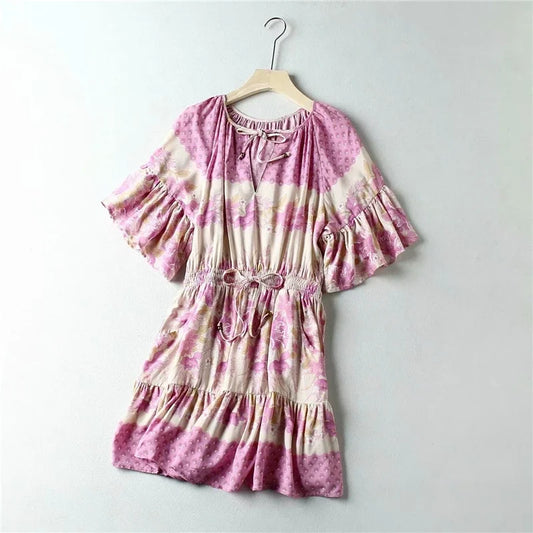 Floral Print Sashes Elastic Waist Flare Sleeve Mini Boho Dress