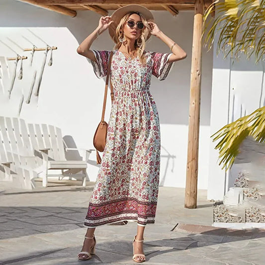 Floral Short Sleeve Beach Boho Dress Beige / S bohodress-250126