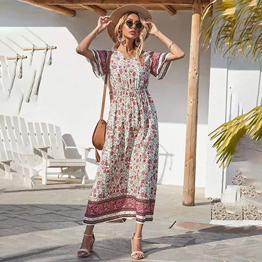 Floral Short Sleeve Beach Boho Dress