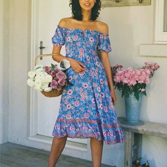 Floral Print Short Sleeve Sexy Off Shoulder Vacation Midi Boho Dress