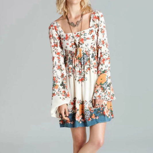 Floral Print Short Sleeve Ruffles Square Collar Mini Boho Dress