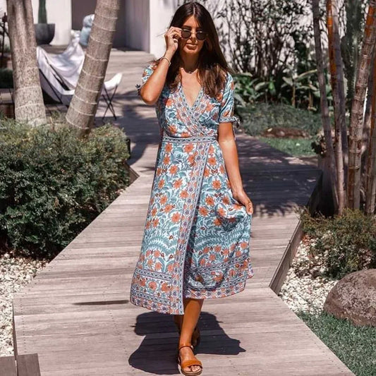 Floral Short Sleeve Sashes Boho Dress