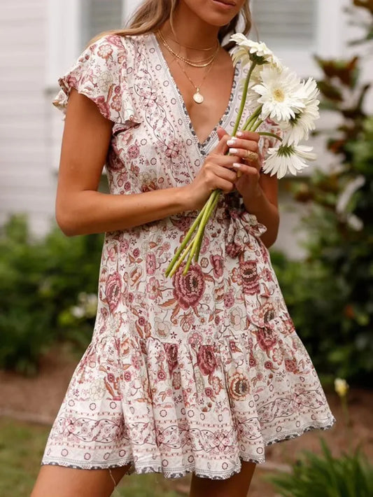 Green Floral Deep V-neck Boho Sundress